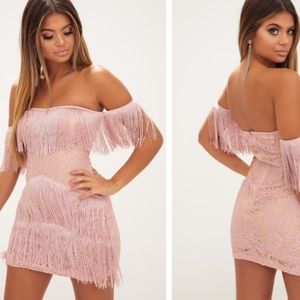 PrettyLittleThing Dusty Pink Bardot Tassel Lace Bodycon Dress Size 6 Fringe NWT